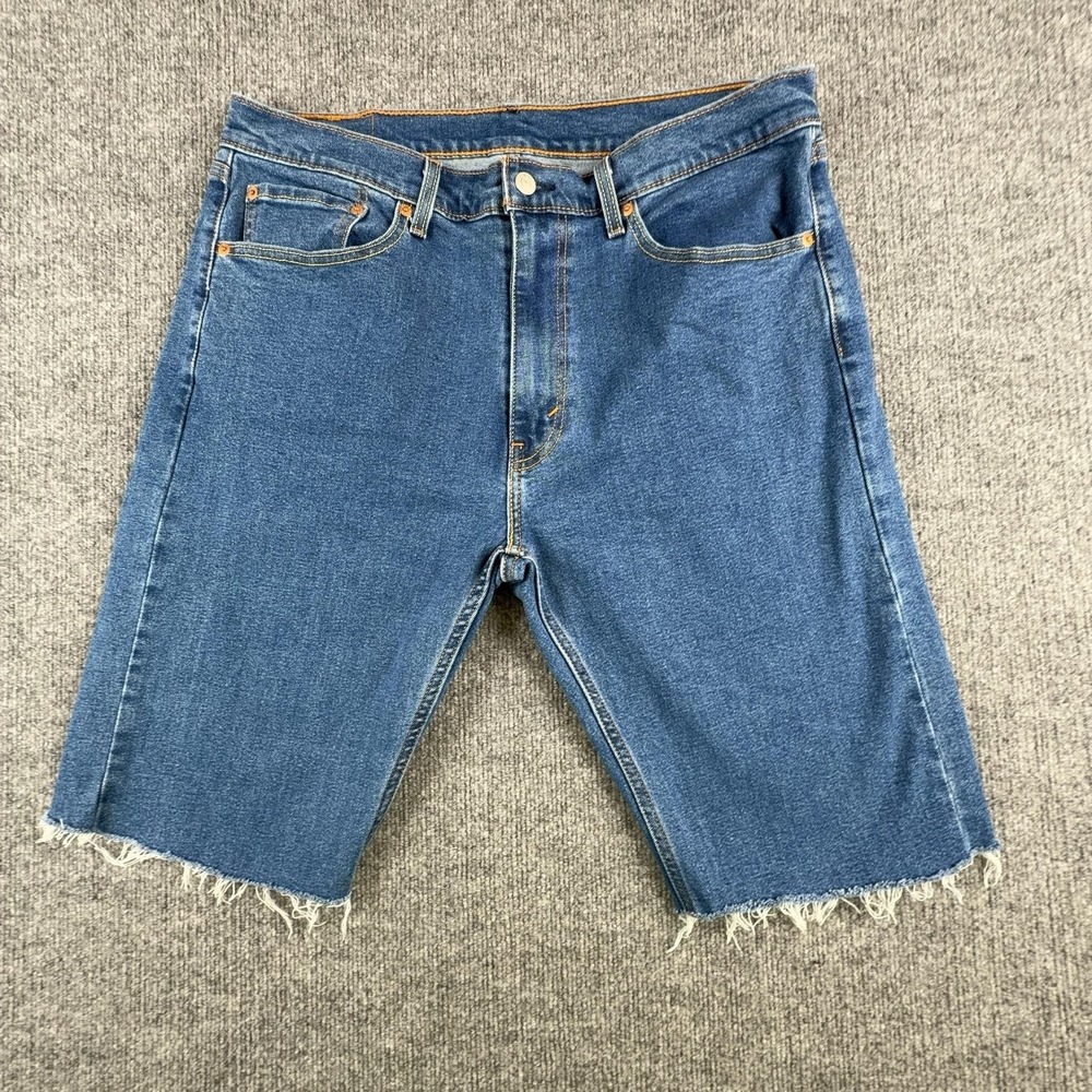 Levis 505 Shorts Mens 36 Blue Denim Cutoff Frayed Hem Stretch Bermuda Casual